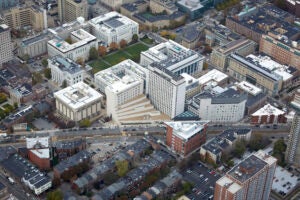 An aerial photo of the School with the Mission Hill neighborhood