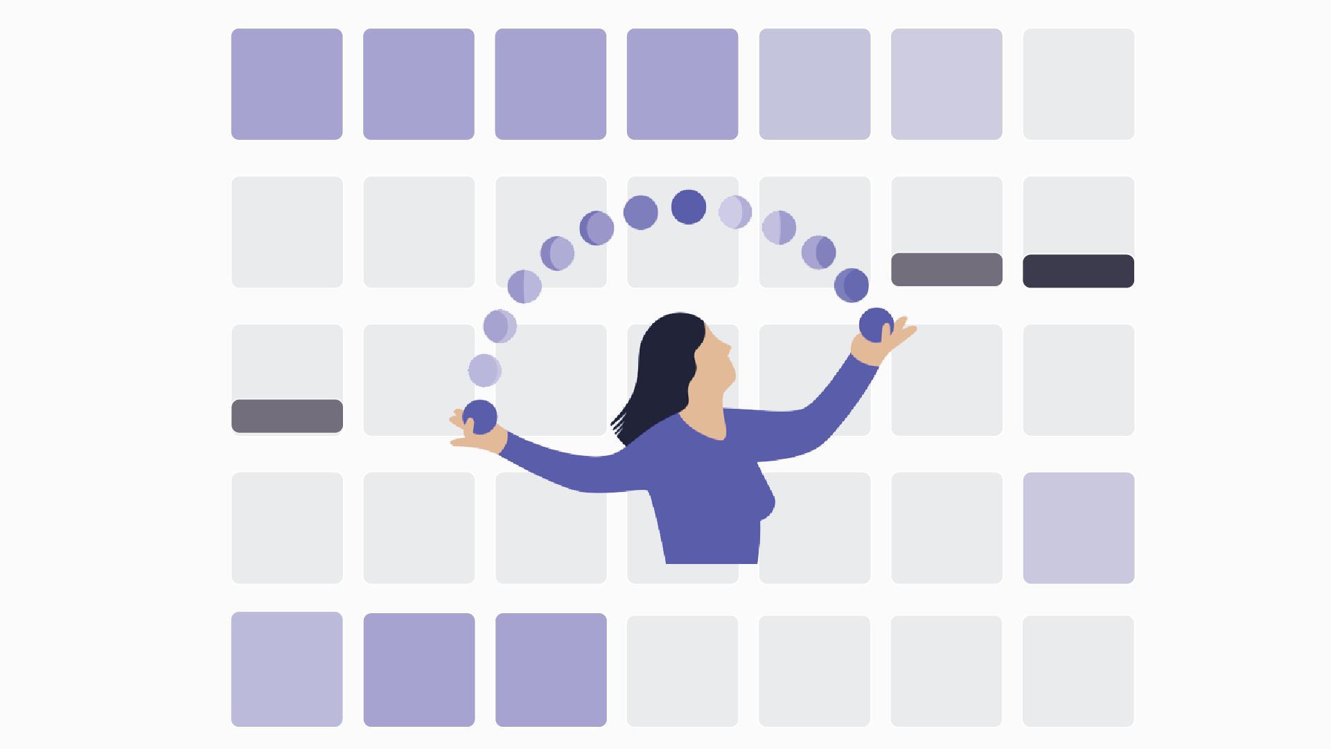 The luna icon over a five-week menstrual cycle calendar represented by grey boxes. The boxes that are purple represent the possible bleeding days, the dark blue lines on the boxes represent possible ovulation days.