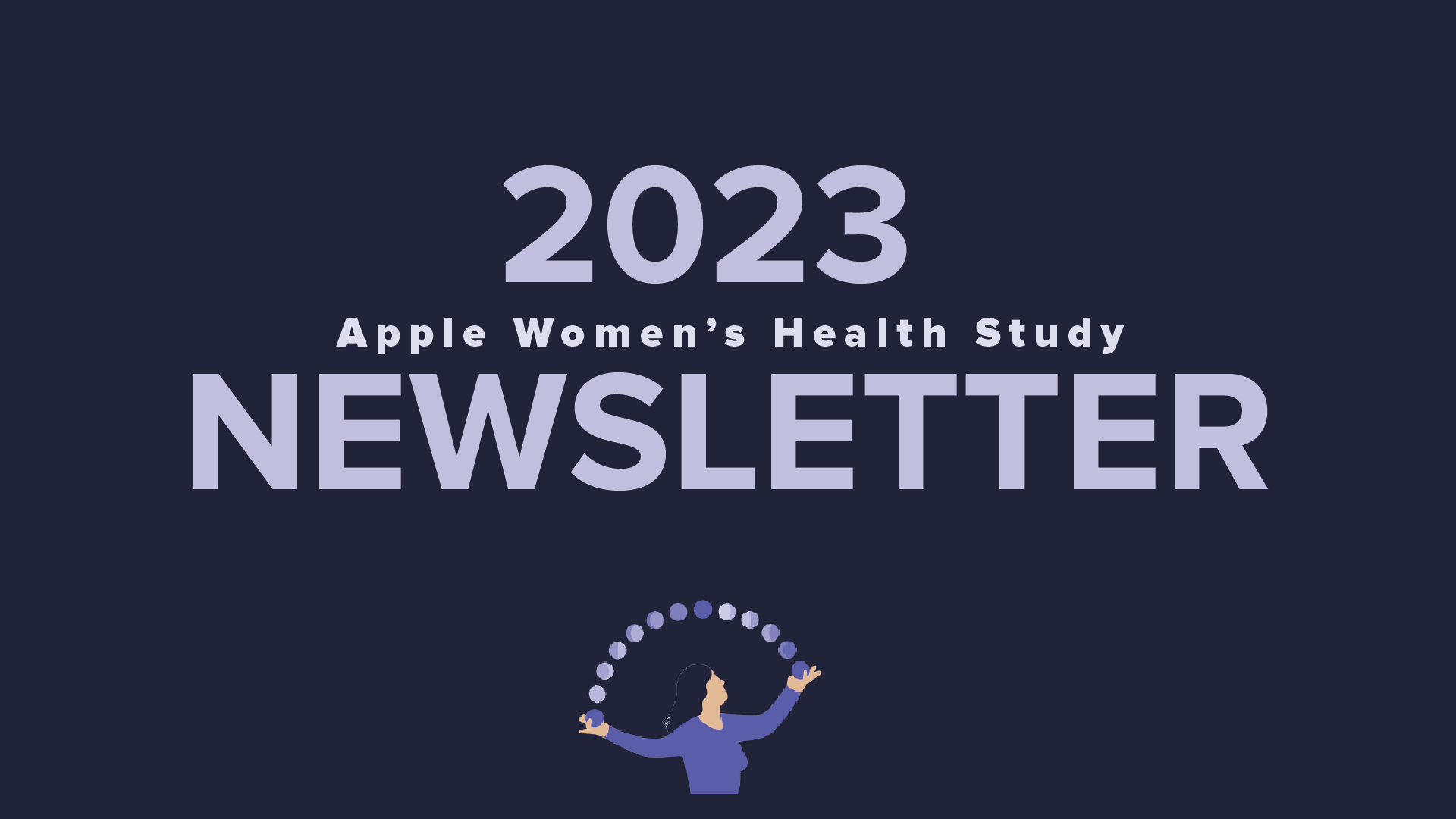 A graphic with a purple background that has the text "2023 Apple Women's Health Study Newsletter" in light purple. Luna is underneath the text.