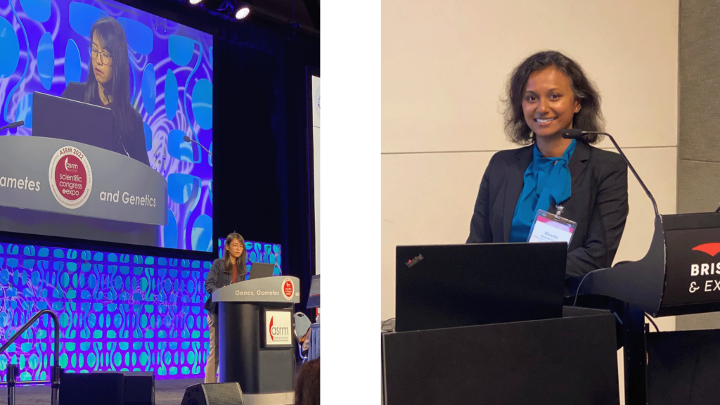 The first image features Dr. Huichu Li presenting during the prized paper session at the 2022 ASRM Conference. The second photo showcases Dr. Shruthi Mahalingaiah sharing an oral presentation at the 2023 SRI Conference.