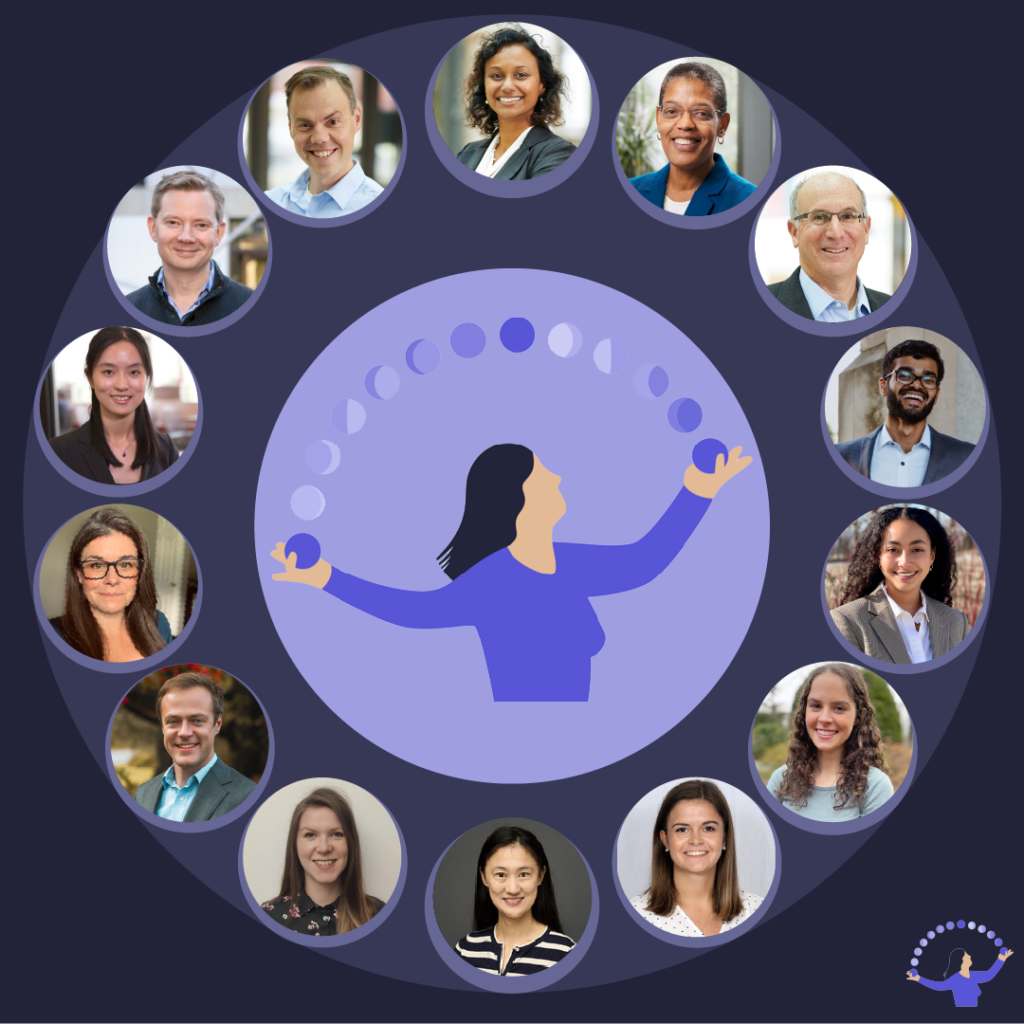 The headshots of the 14 members of the Apple Women's Health Study that form a circle with Luna in the center of the graphic. the Graphic is purple. 