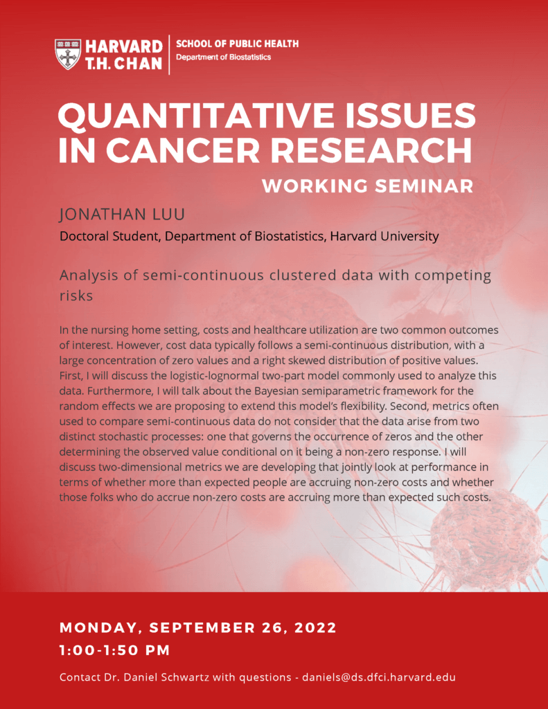 Quantitative Issues in Cancer Research Working Seminar for Monday, Sept 26, 2022