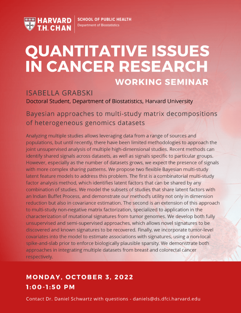 Quantitative Issues in Cancer Research Working Seminar for Monday, Oct 3, 2022