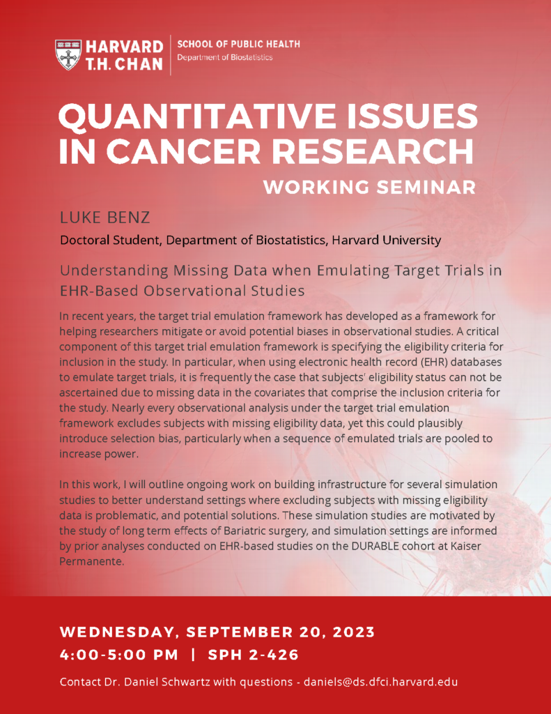 09-20-2023 Cancer Working Group Flyer for talk by Luke Benz