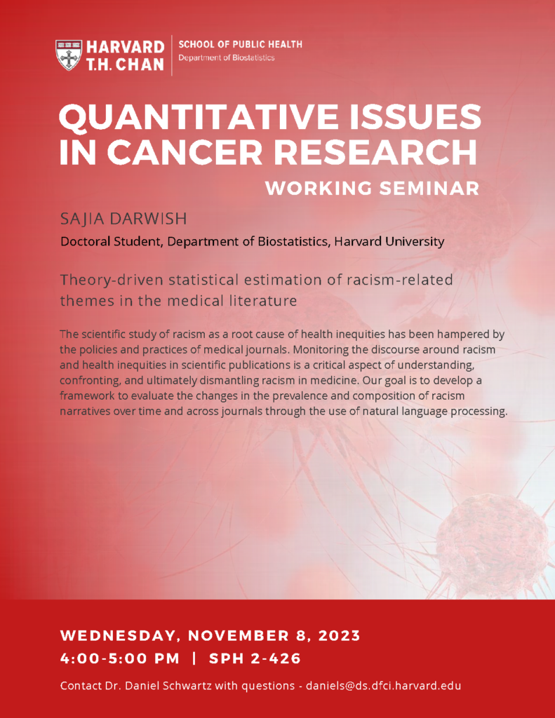 Cancer Working Group Seminar 11-8-2023 Flyer for talk by Sajia Darwish