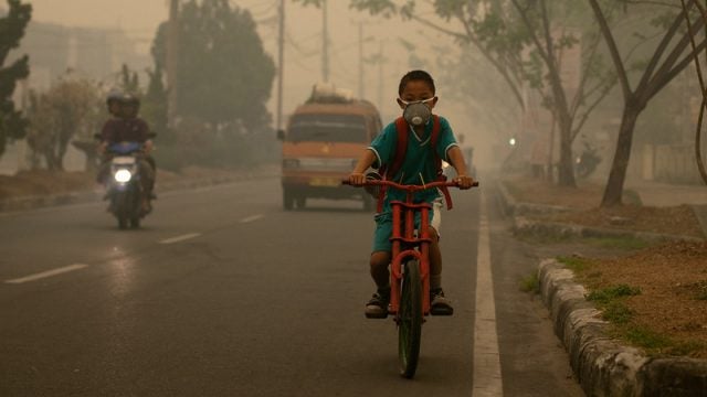 A student goes to school wearing a mask to protect him from the smoke that blankets the city of Palangka Raya, Central Kalimantan
