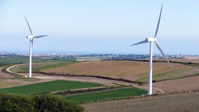 Two windmills in a field