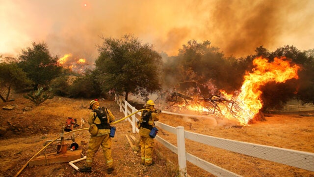 Firefighters from Stockton, Calif. put out flames off of Hidden Valley Rd. while fighting a wildfire