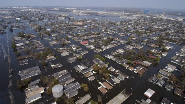 An entire neighborhood in New Orleans flooded after Hurricane Katrina