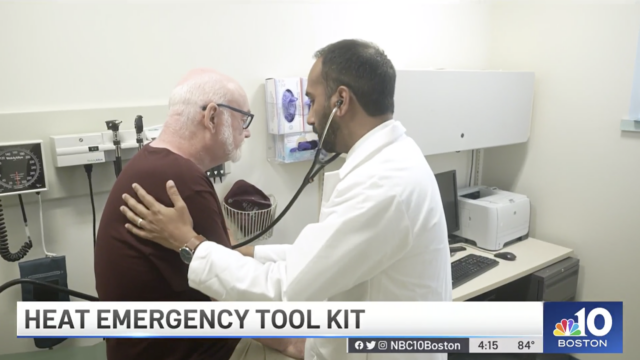 Screenshot of NBC Boston story shows Dr. Basu listening to a patient's heart