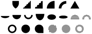 3 rows of black shapes; 20 shapes total, including shield, triangle, filled circle, outlined circle, quarter-circle, half circle, wavey trianlges.