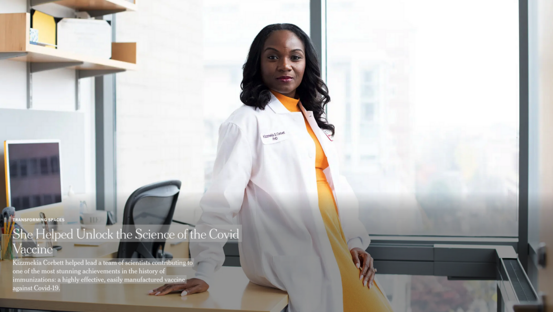 Kizzmekia Corbett was at the vanguard of the race for a vaccine against Covid-19. Above, she is in her office at the Harvard T.H. Chan School of Public Health in Boston.Credit: Kayana Szymczak for The New York Times