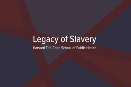 Legacy of Slavery in white on blue and maroon background