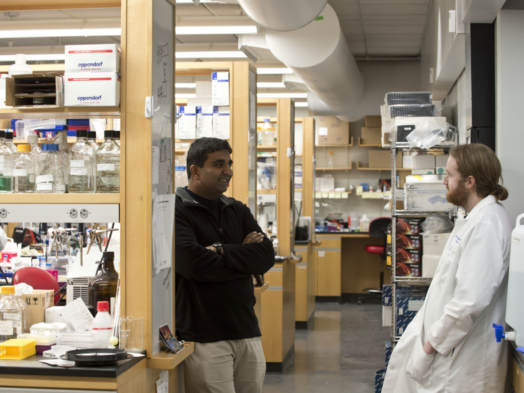 Manoj Duraisingh in a black jacket conversing with a lab member in the Duraisingh lab.