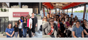 Group photos from the 2019 Summer Program, left standing in front of Kresge building sign and right, on a Duck boat tour