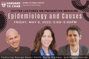 Davey Smith, Glymour, and Hernan headshots. Epidemiology department logo. Epidemiology and Causes event name and date.