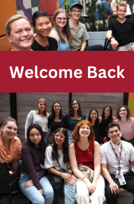 Welcome Back! Two group photos of students and staff at the fall 2023 welcome back social.