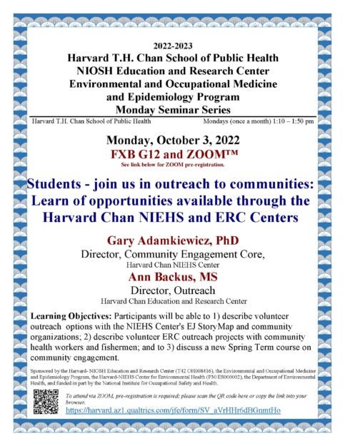 Poster for Learn of opportunities available through the Harvard Chan NIEHS and ERC Centers