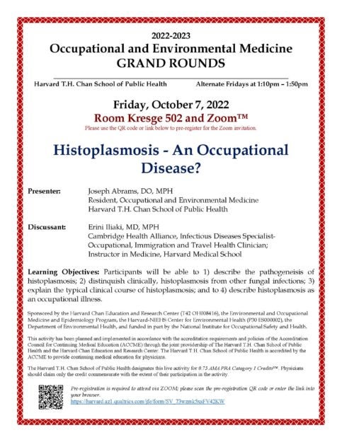 poster for Friday Seminar Histoplasmosis- An Occupational Disease?