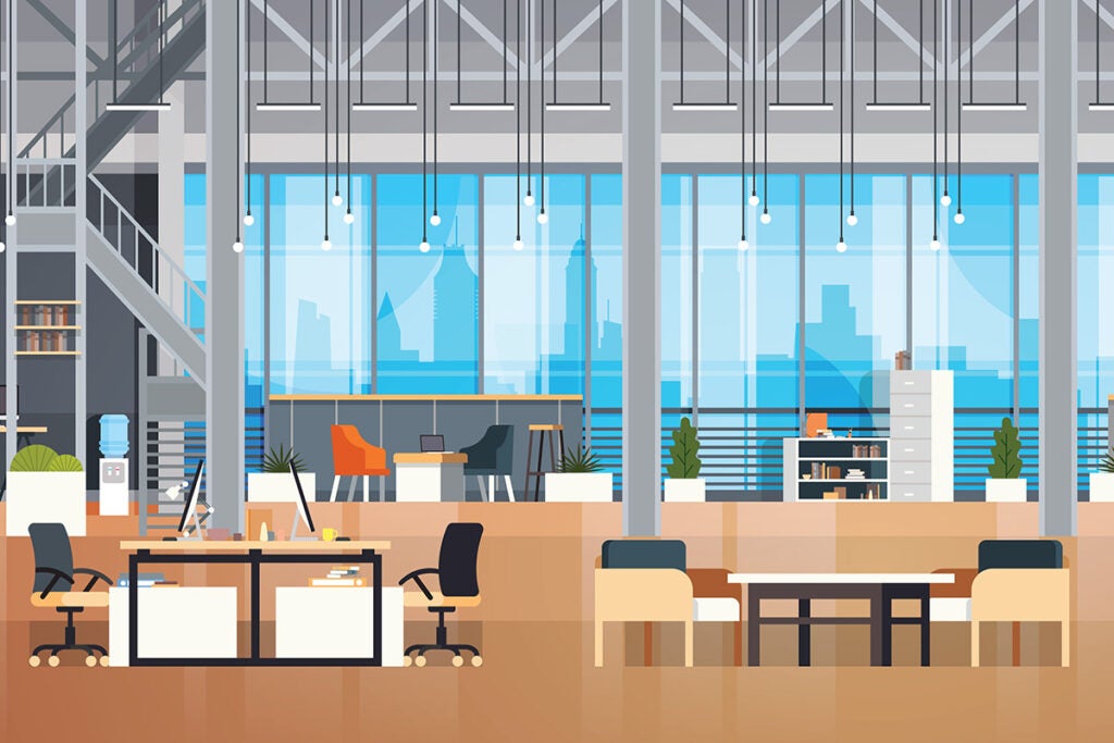 illustration of office setting inside a building