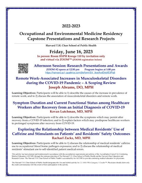 Occupational and Environmental Medicine Residency Capstone Presentations and Research Projects - Afternoon Poster