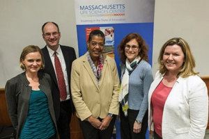 Amanda Spickard, assistant dean for research strategy and development, Eric Rimm, professor of epidemiology and nutrition, Dean Michelle Williams, Wendy Garrett, professor of immunology and infectious diseases, and Sherry Sawyer, director of the BWH/Harvard Cohorts Biorepository