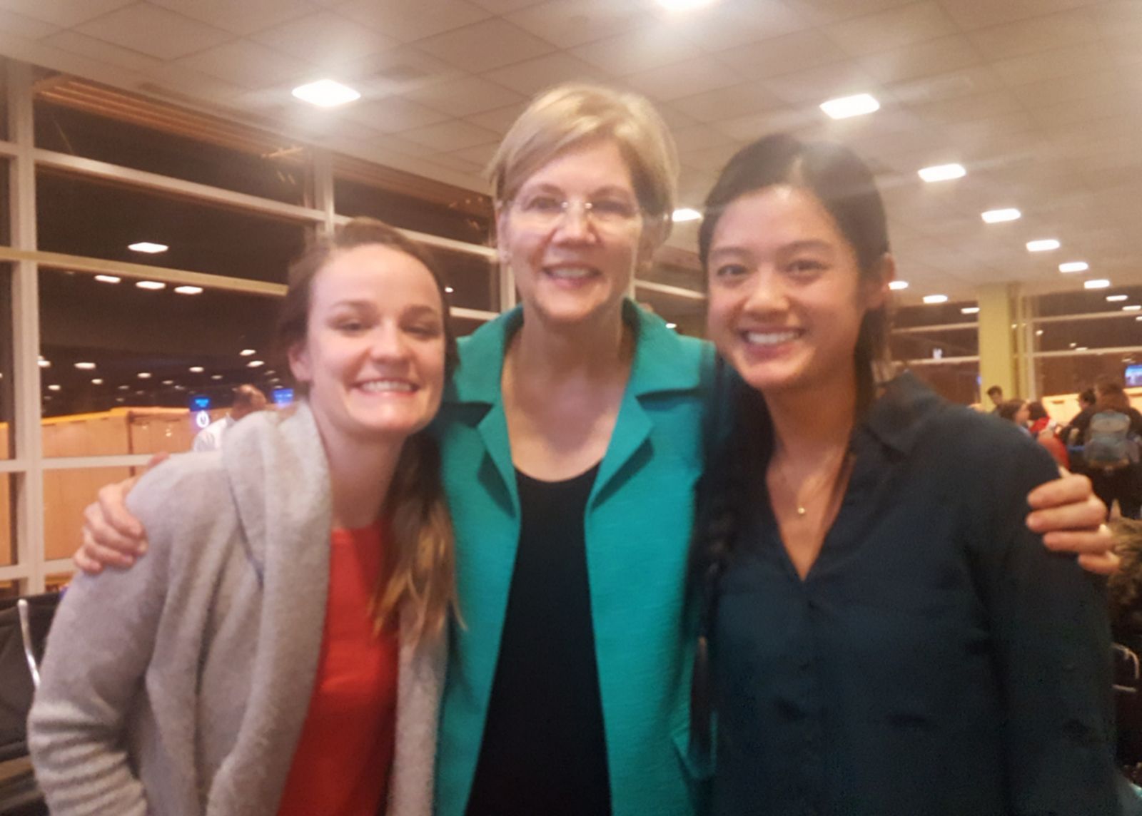 Sarah Bourland and Diana Ha posing with Senator Elizabeth Warren