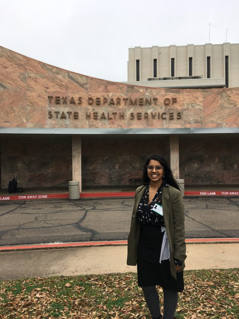 Lakshmi Ramachandran outside the Texas Department of State Health Services in Austin, TX
