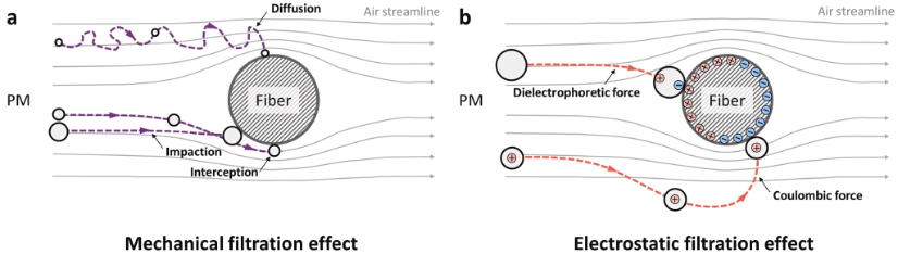 Graphic depicting the particle interactions in a) mechanical filtration effect and b) an electrostatic filtration effect