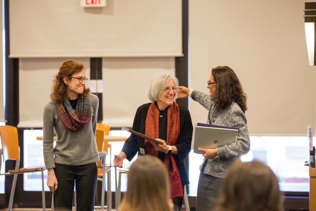 Wendy Garrett, Dyann Wirth, Francesca Dominici at the annual Alice Hamilton lecture. Photo by Sarah Sholes