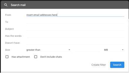 In the “From” field enter the email addresses you want to block and click “Create filter”