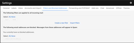 Select the tab “Filters and Blocked Addresses” and click “Create a new filter”
