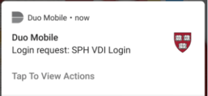 There are several ways to use 2-Step Verification with VDI. The method you use depends on how you have set your 2SV options with DUO at key.harvard.edu.Option 1. Push a request to your smart phone. This method requires the DUO smart phone app. When selecting Option 1, and clicking Login, an authentication request is sent to the Duo app on your smart phone. Open the DUO app on your smart phone.