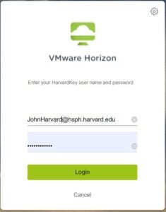 The VDI login screen appears.In the User Name field, type your HarvardKey User Name. You may also use your NetID or 3 plus 3. In the Password field, type your HarvardKey Password. Click Login to proceed to the DUO 2-Step Verification options.