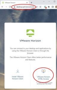 To log in to SPH VDI with a web browser, open a web browser and navigate to https://desktop.sph.harvard.edu/.The SPH VDI login page appears. Click VMware Horizon HTML Access.
