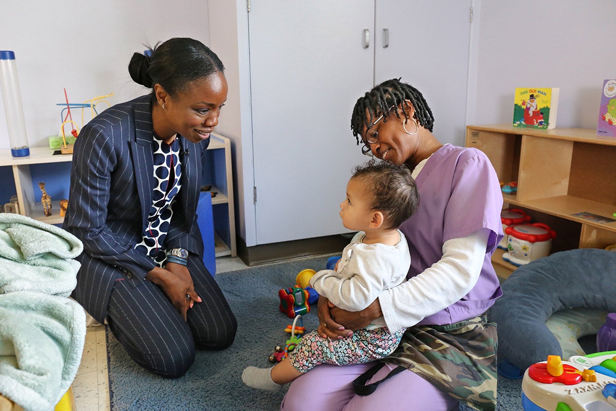 During an April 2019 listening tour, Nadine Burke Harris visits the Locke Early Childhood Education Center, in Los Angeles.