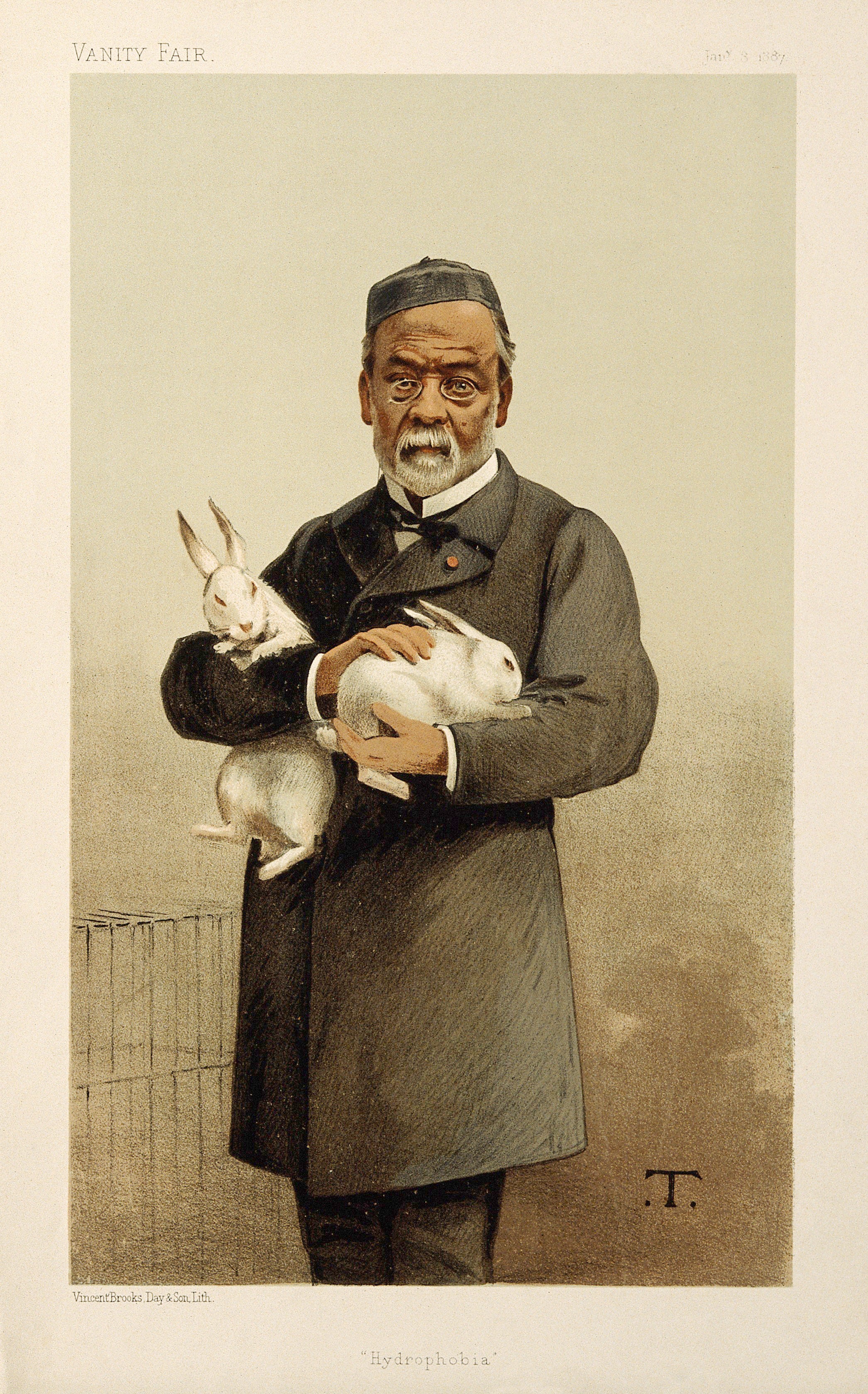 Louis Pasteur holding white rabbits