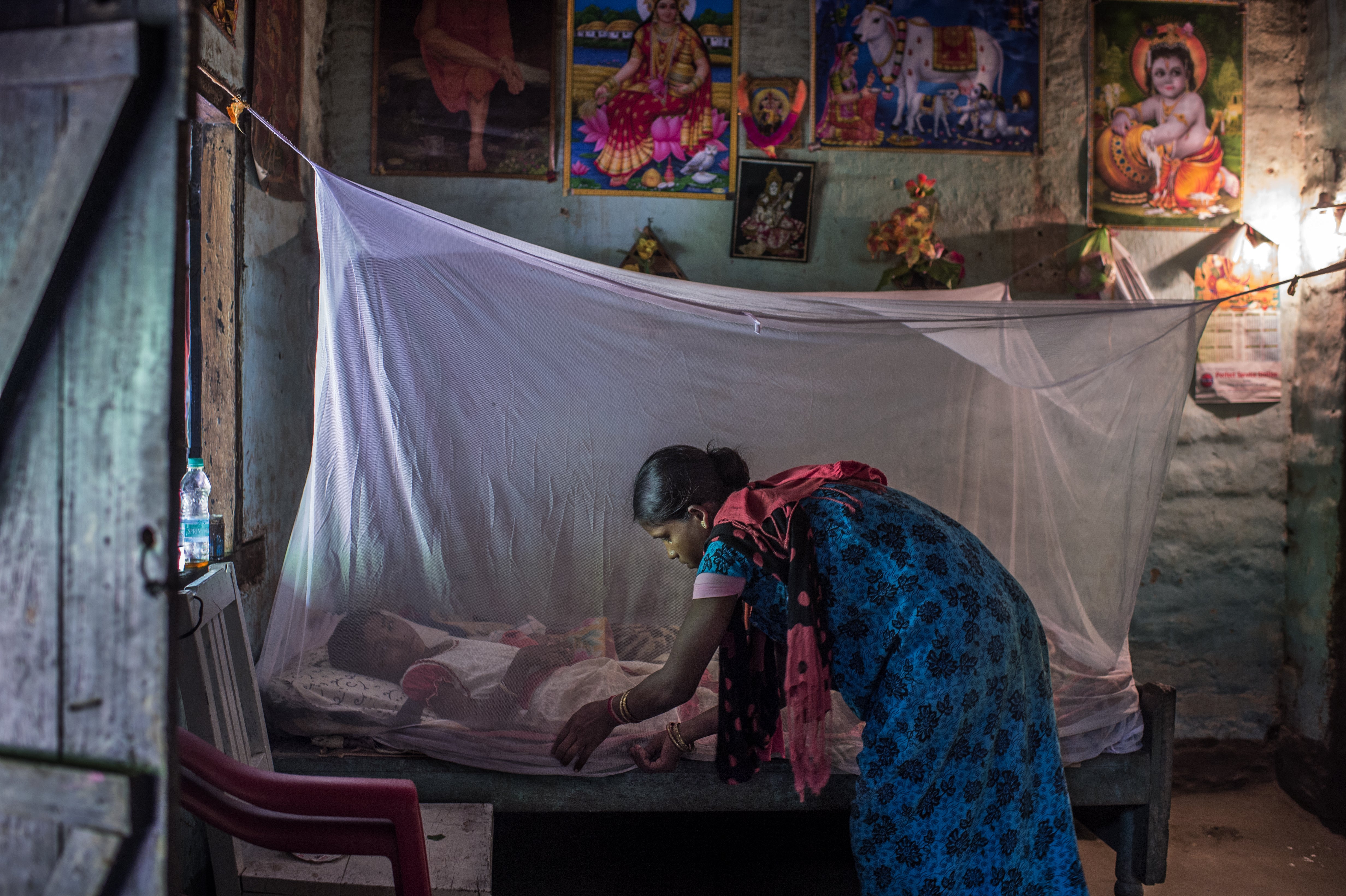 Mino Das adjusts an insecticide-treated bed net in her home in Digaru village, in the northeastern India state of Assam.