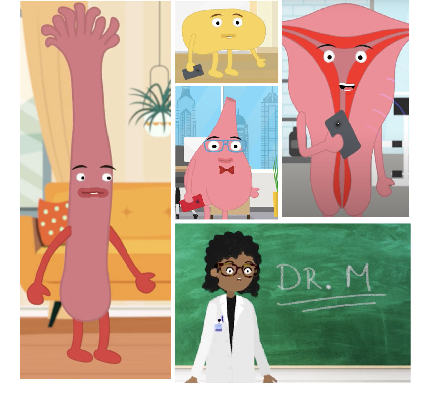 animated characters of a fallopian tube, ovary, pituitary gland, uterus, and Dr. Mahalingaiah.