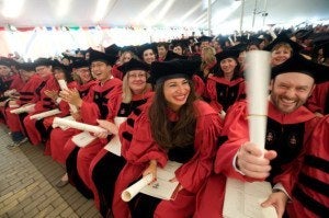 Picture of Doctoral students with diplomas at Commencement