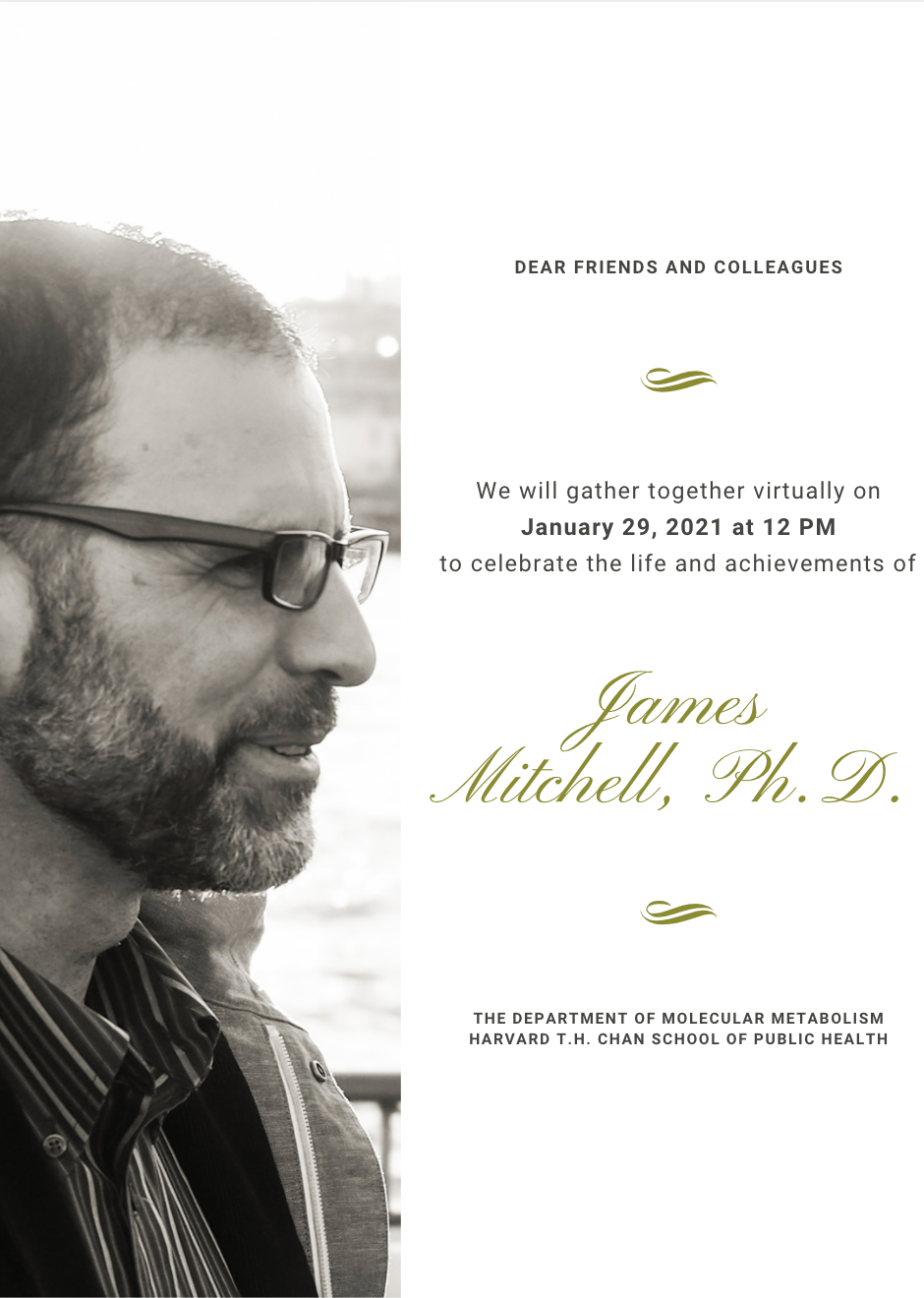 Memorial Card For James Mitchell, Ph. D, with a photo of Dr. Mitchell smiling by the water. There is light shining on his face.