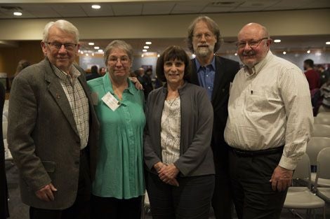 Honorees Joe Brain (50 years), Patrice Ayers (40 years), Barbara Ann Heil (35 Years), Steven Gortmaker (40 years), and Doug Dockery (40 years)