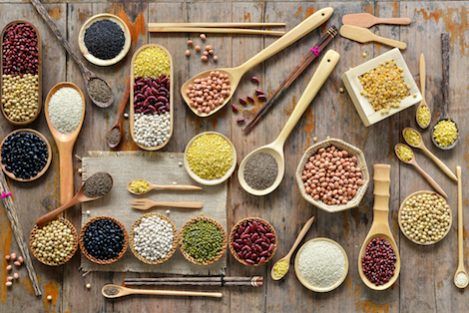 A spread of whole grains, legumes, and other nutritious food.
