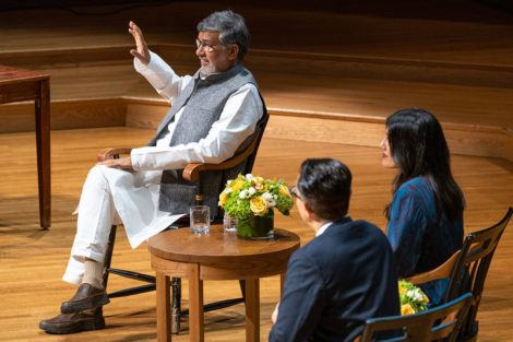 Kailash Satyarthi with moderators Mintoo Bhandari and Vinni Nahata Bhandari