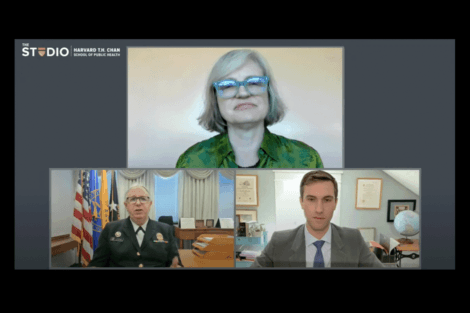Screenshot of the three speakers at the virtual event