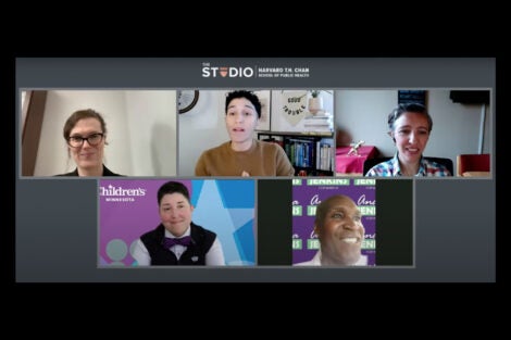 Screenshot of the virtual event that shows the five speakers.