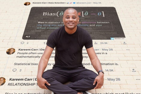 Photo illustration: Kareem Carr sits cross legged on a light brick surface. Super imposed behind him is a list of his tweets on the subject of bias.