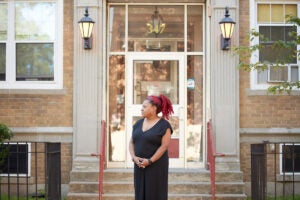 Kimberley Richardson outside her apartment building in Brookline, Massachusetts, in August 2023.
