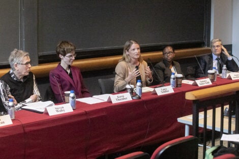 Harvard faculty at symposium on climate change, from left: Steven Wofsy, Karen Thornber, Laura Schifter, Tamarra James-Todd, Stephen Ansolabehere