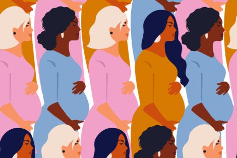 Illustration: several pregnant individuals stand in a line next to each other, showing their side profiles